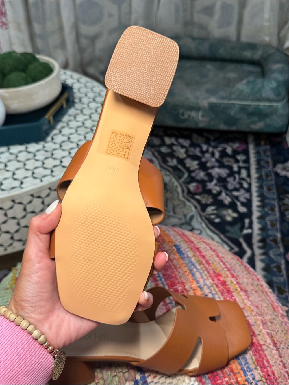 🤎🥥 Women's Cognac Tan Block Heel Slide Sandals 🥥🤎 - Picture 7 of 7